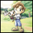 A pixelated 48x48 animated buddy icon featuring a cartoon character holding an animal in a grassy outdoor setting with text on the right side.