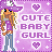 Pixel art contact sheet showing two frames of an animated buddy icon featuring a cartoon girl with blonde hair, purple cowboy hat, and text "CUTE BABY GURL" on a pink background with hearts.