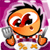 Pixelated orange character with wide eyes and open mouth, black spiky hair, holding gray object, standing on white base with yellow stars against purple background