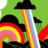 Pixelated static image showing two black cloud shapes with rainbow beams extending downward from their centers against a green background.