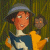 Pixelated cartoon character with orange skin wears blue and white outfit, gray hat, and yellow shoulder accessory against green background.