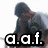 Pixelated image of a person in dark clothing with a cap, leaning forward over large black-and-white text reading 'q.q.f.' on a white background.