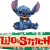 Pixelated blue cartoon character with large purple ears sitting upright, wearing a yellow collar and dark pants, above red text on a green-and-beige banner.