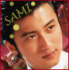 A 4-frame animated contact sheet showing a person with dark hair and light skin in four slightly different poses, each frame featuring yellow text "SAMI" above the head with scattered yellow dots.