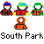 Animated contact sheet of South Park character icons with repeated text and varying expressions across 12 frames, featuring pixelated characters in orange jumpsuits, red cars, and white crosses on gray background.