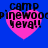 Four identical pixelated pink hearts on a solid blue background, each containing black text reading 'camp pinewood beva!!' in a blocky font.
