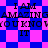 Pixelated text repeats across a blue and pink checkered background with diamond-shaped patterns.