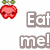 A pixelated red apple with green leaves and a smiling face appears in the top-left corner, next to text reading "Eat me!" and "Apple a day... keeps the doctor away!" on a white background.