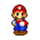 Pixel art of a character in red cap and blue overalls holding white objects, arranged in three with varying arm positions