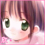 Anime-style character with brown hair and green eyes, smiling slightly against a pink background.