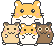 Pixel art of five hamster characters with varied expressions and poses, arranged in two groups against a gray background.