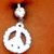 A pixelated white peace symbol with brown accents on a solid orange background, featuring small dark dots and a rounded top element.