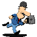 Pixelated cartoon character in blue suit and gray cap running with a gray bag, shown in multiple sequential poses against gray background.