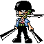 Pixel art character in blue shirt and black pants holding two baseball bats, with animated white sparkles appearing near the bats in sequence.