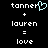 Pixelated text displays 'tanner' with a light blue heart symbol replacing the final letter, followed by '+' and 'lauren', then '=' and 'love' on black background.