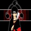 Anime-style character with black hair and silver headband, wearing dark robe over red garment, holding object, against red and black background with circular patterns.