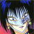 Pixelated static image of a character with spiky light blue hair, brown eyes, and a neutral expression against dark background with blue and pink accents.
