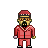 Pixel art character in red tracksuit with black zipper, gold chain necklace, and red cap with white dots on gray background.