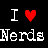 Static pixel art displays 'I' followed by a red heart symbol and the word 'Nerds' in white blocky text on black background.