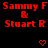 Red text and pixel hearts on black background with repeated 'Sammy F & Stuart R' phrases across three , some frames showing heart animations