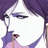 Pixelated anime-style character with purple hair and white face, hand near mouth, next to black background with white text.