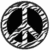 Black and white peace symbol icon with textured circular border, static image.