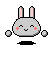 Pixel art bunny head with pink cheeks, gray body, and black shadow on white background; ears alternate between upright and bent positions across frames.