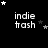 Black background with white text "indie trash" repeated in a , surrounded by white and gray stars in various positions