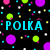 Pixelated green duck with white spots and yellow beak, overlaid on black background of colorful dots and blue text.