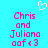 Pixelated text and symbols on a cyan background with pink lettering, featuring 'Chris and Juliana' followed by 'oof <3', two identical side-by-side layouts, and a white heart outline above.