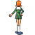 Pixelated character in green dress with white collar and blue shoes, shown from multiple angles including back, front, and side views.