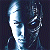 Pixelated static image of a stylized face with glowing white highlights against dark blue and black background, featuring closed eyes and a smooth curved profile.