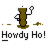 Pixel art buddy icon featuring a brown stick figure with white hat waving, repeated in two frames of an animated contact sheet with red "badass buddy .com" text and black "Howdy Ho!" text on gray background.