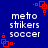 Blue background with white text reading "meto stikers soccer" and red square corner decorations in a