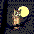 Pixelated animated buddy icon showing a cartoon owl character with changing pose against dark background and yellow moon.