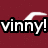 Maroon background with white seagull silhouettes and black-outlined text reading 'vinny!' in pixelated font.