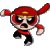 Pixelated cartoon character in red and black outfit with yellow accents, running pose on gray background.