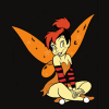 Pixelated cartoon character with orange wings and red hair sits cross-legged, hands clasped, against black background with 'Tink' text.