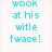 Pixelated cyan text reads 'wook at his witle fwace!' above a yellow bunny-like figure with black eyes and nose on pink background.