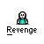 Pixel art character with white face and teal shirt in multiple poses including speech bubbles, motion lines, and weapon holding, all labeled 'Revenge' below.
