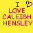 Yellow background with red pixelated text reading "I LOVE CALEIGH HENSLEY" and a black pixelated heart symbol above the word "LOVE".