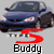 Pixelated blue sedan with red 'S' symbol and black text 'Buddy' on gray background, static image.