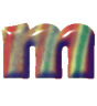 A single stylized lowercase 'm' rendered with a smooth, glossy gradient transitioning through red, yellow, green, and blue hues on a light gray background.