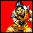 Pixelated character in orange and brown outfit with purple shoulder pads, shown across against red background performing actions