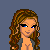 Pixel art image of a woman with long brown hair, blue eyes, and gray top holding measuring tape next to clothing items on blue background.