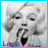 Pixelated grayscale image of a person with closed eyes and mouth open in an 'O' shape, framed by bright blue border with pink text at bottom.