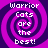 Four identical pixelated display a purple and dark purple spiral background with white text reading "Warrior Cats are the best!" in a retro digital style