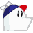 Pixelated cartoon character with white body, blue hat, red heart-shaped nose, and black eyes on gray background.