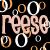 Black background with repeating light pink 'Reese' text and scattered orange and white circles in a patterned arrangement.