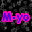 Static image with pink and blue text 'M-yo' over a black background filled with grayscale cartoon characters.